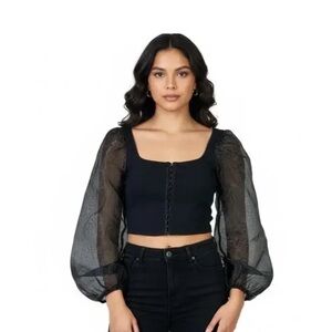 Topshop Black Sheer Puff Shoulder Top